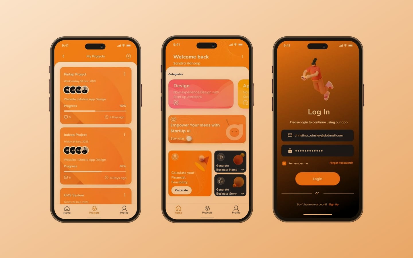 Startup Assistant Copper mockups: the projects list, the home categories screen and the log in screen in modern phone frames.