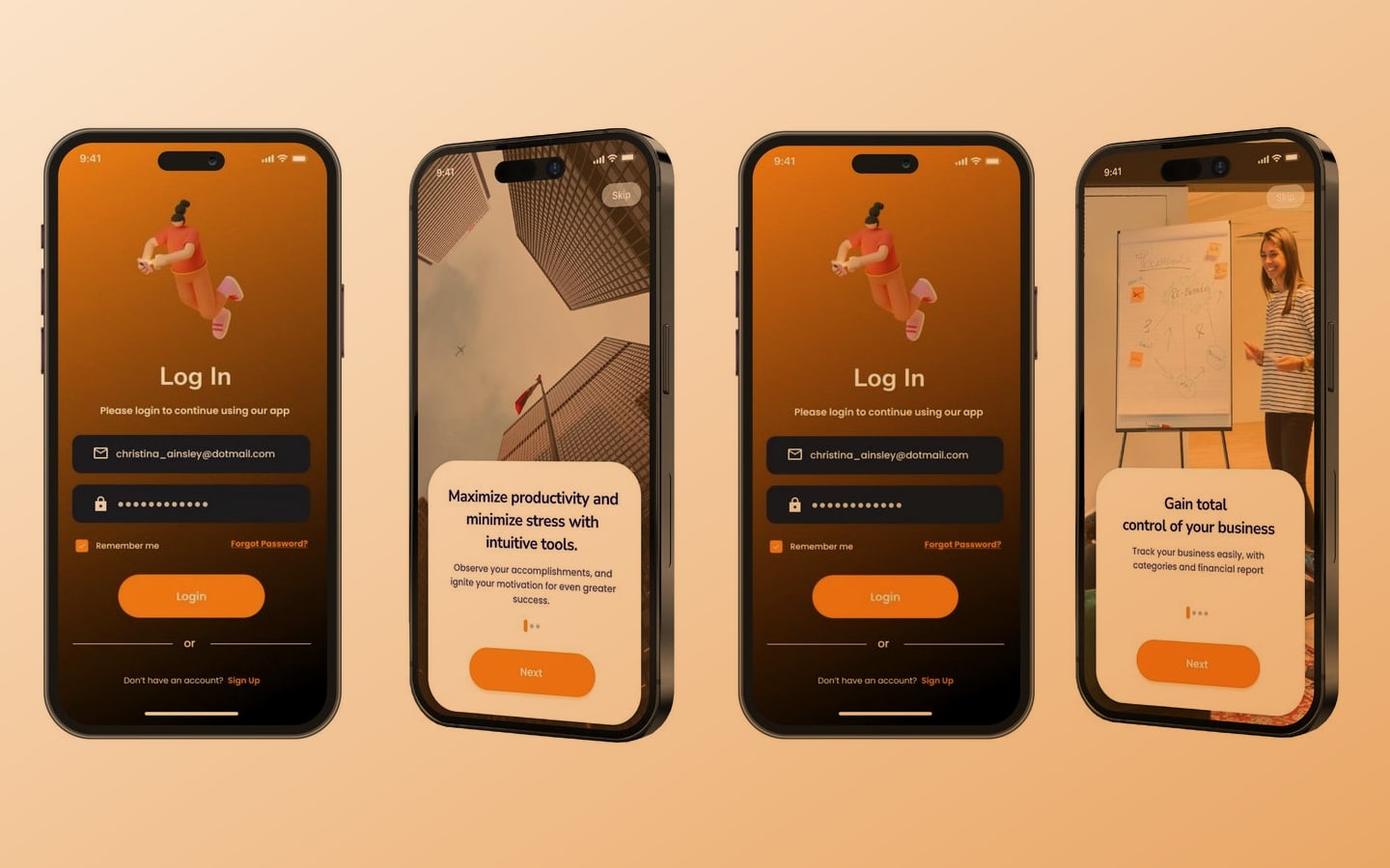 Startup Assistant Copper mockups: log in screens paired with the skyscraper and whiteboard onboarding slides in tilted phone frames.