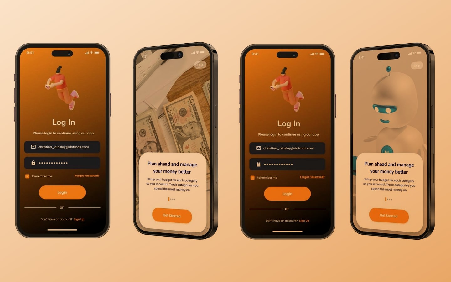 Startup Assistant Copper mockups: log in screens paired with the cash and white robot onboarding slides in tilted phone frames.
