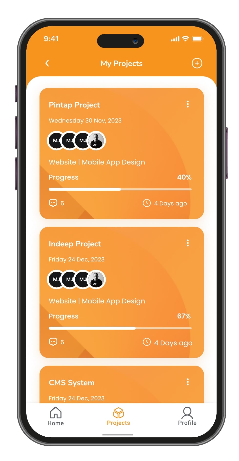 Startup Assistant AI assistant app home and projects screen 1 of 3.