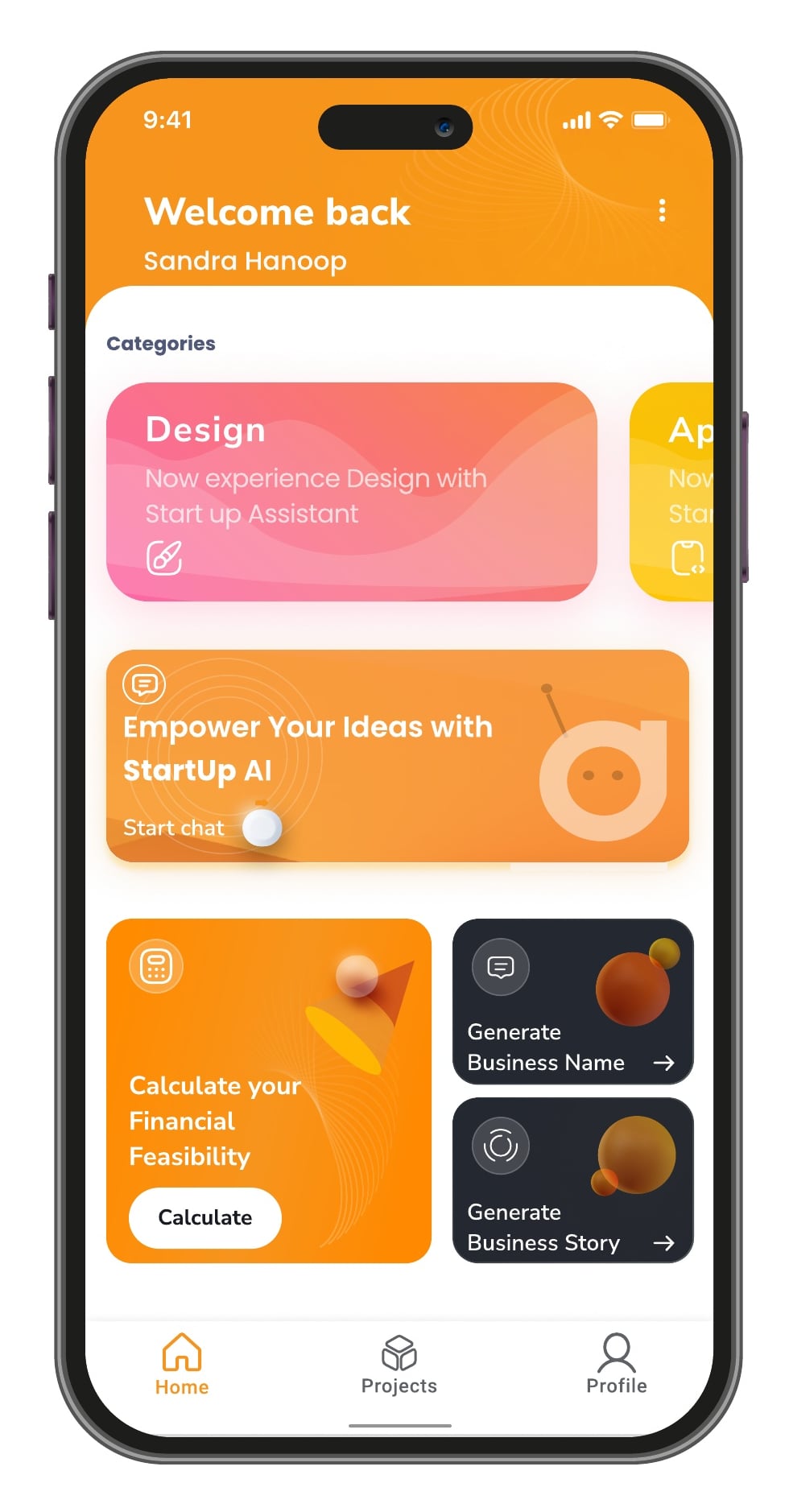 Startup Assistant AI assistant app home and projects screen 2 of 3.