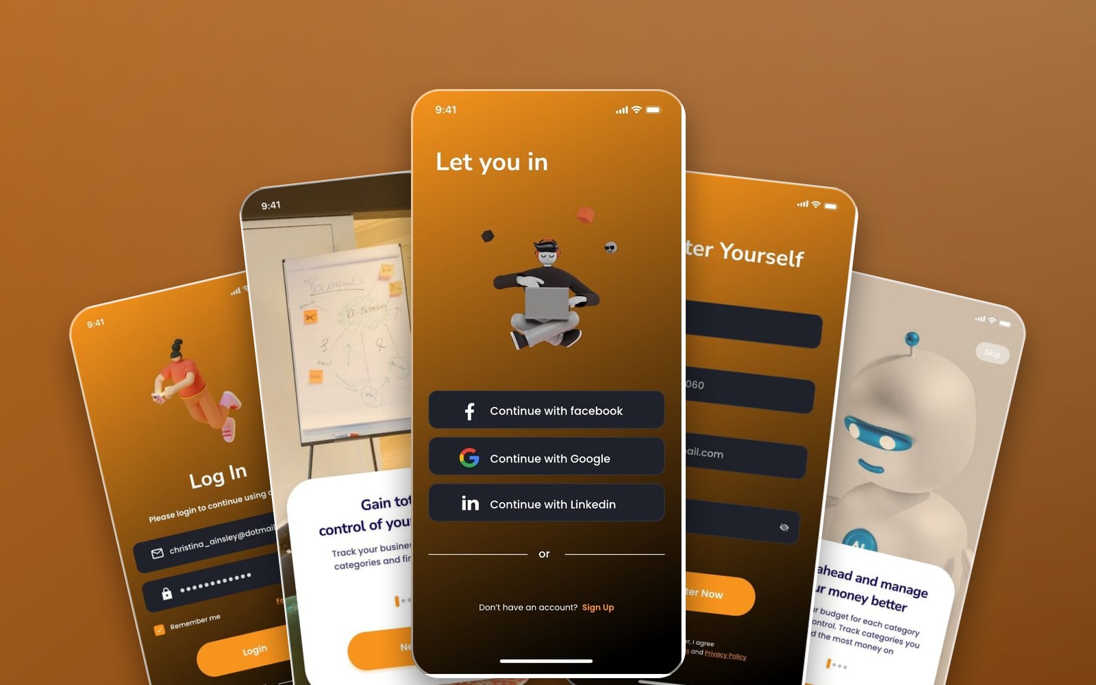 Startup Assistant Ember app showcase: a fan of five phone screens, with a dark amber Let you in sign in screen in front, on a deep bronze gradient.