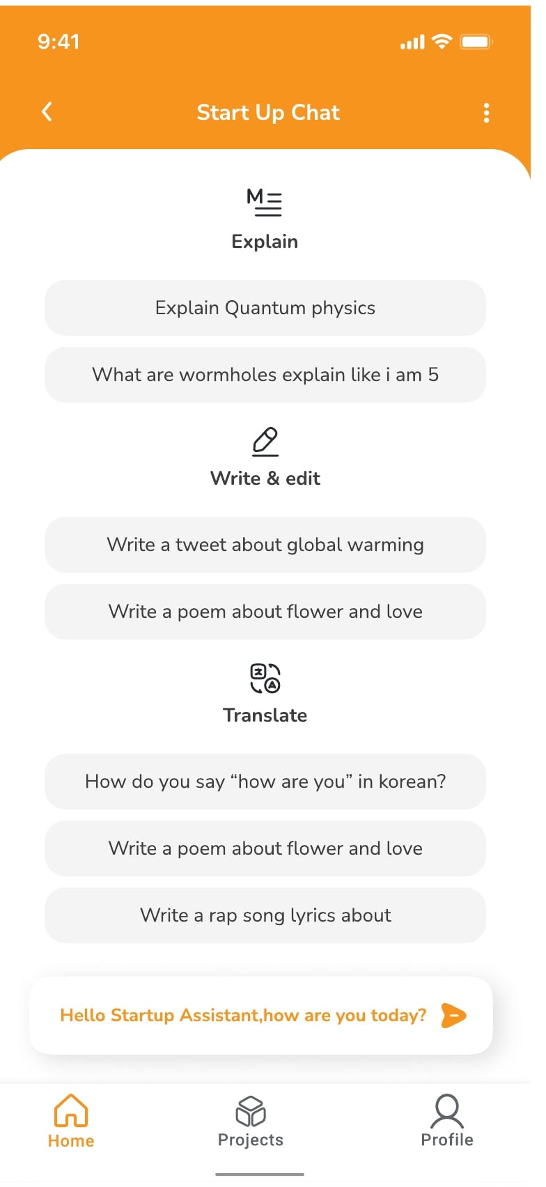 Startup Assistant AI assistant app dashboard screen 9 of 10.
