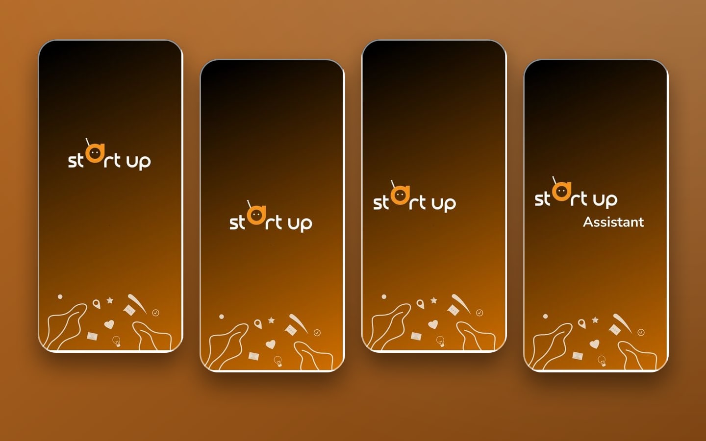 Startup Assistant Ember splash screens: four dark amber gradients with the start up wordmark and line art along the bottom.
