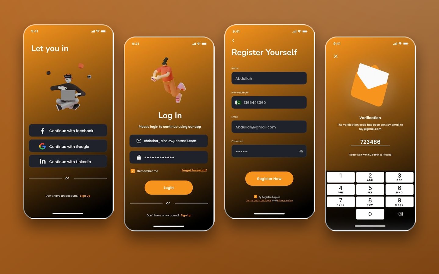 Startup Assistant Ember sign in screens: Let you in, Log in, Forgot password and Register on a dark amber gradient.