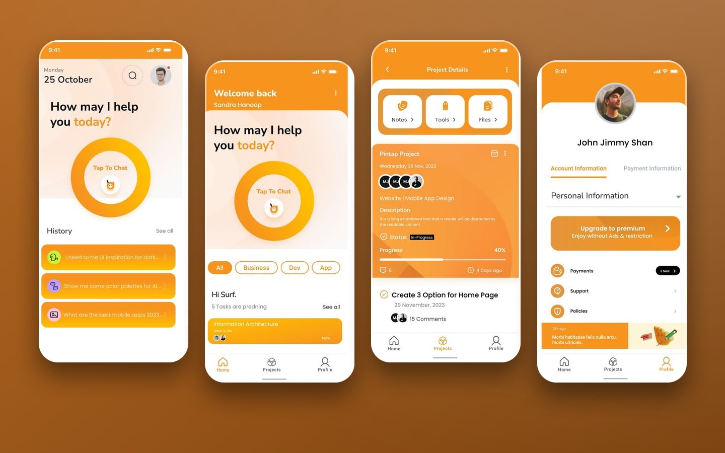Startup Assistant Ember dashboard, project and profile screens in bright orange, shown beside the dark entry flow.