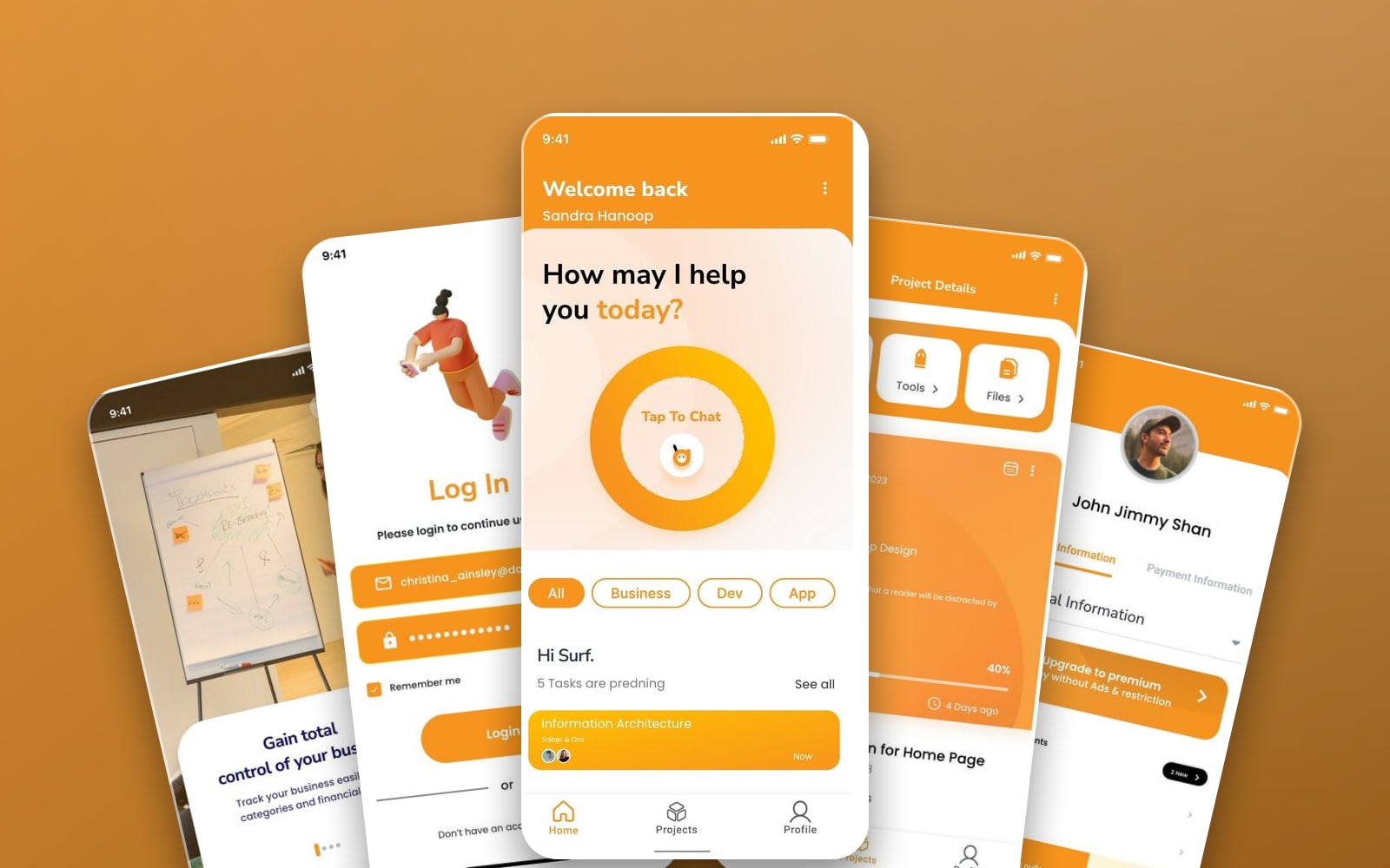 Startup Assistant AI assistant app showcase: a fan of five orange phone screens, with the welcome dashboard in front, on an orange gradient.