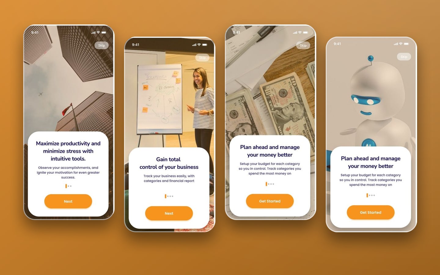 Startup Assistant app onboarding: four photo slides with white cards, showing skyscrapers, a whiteboard session, cash and a white robot.