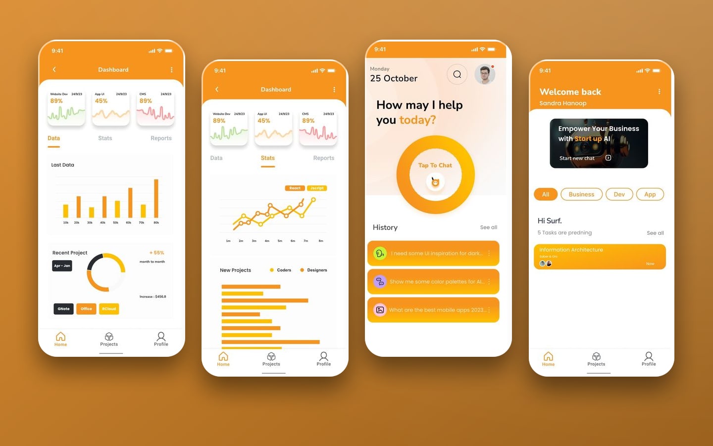 Startup Assistant app dashboard screens: usage charts, a tap to chat home, category chips and task cards in orange.
