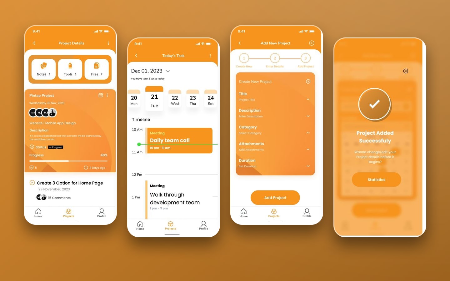 Startup Assistant app project screens: project details, a task timeline, a four step new project form and a calendar picker.
