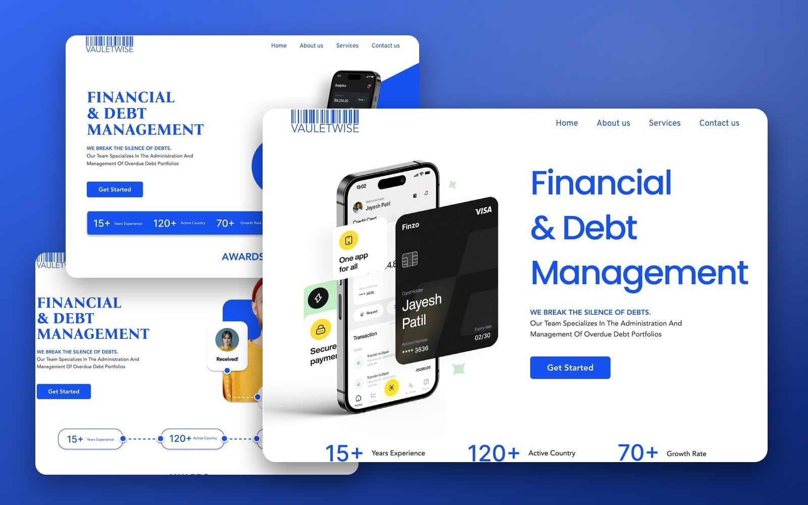ValueTWise financial website showcase: a home page with a phone and card mock-up large in front of two other home page directions on a blue gradient.