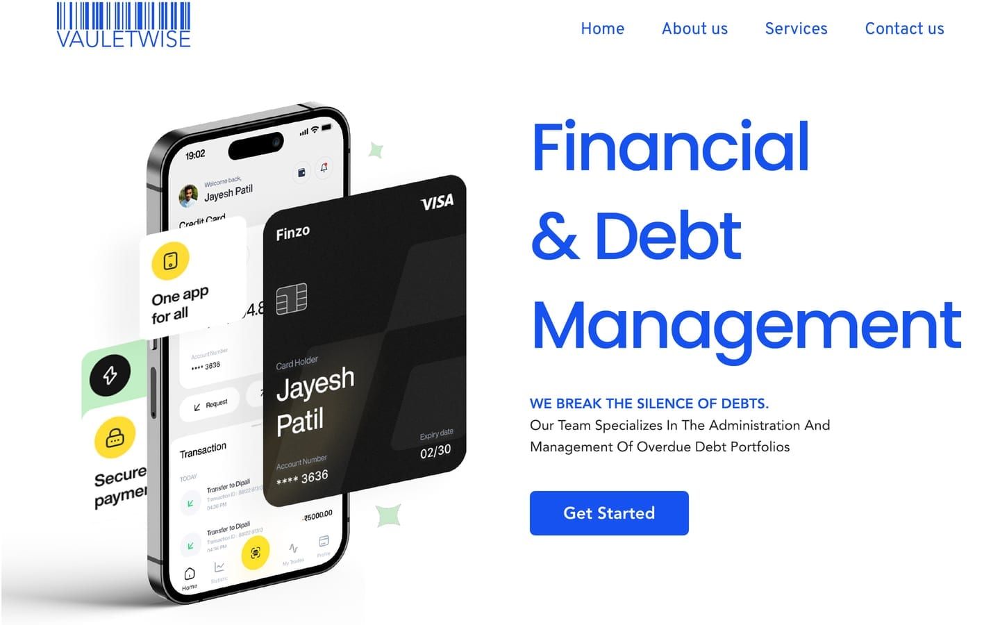 ValueTWise financial website direction C hero with a phone and black payment card mock-up beside a large blue headline on financial and debt management.
