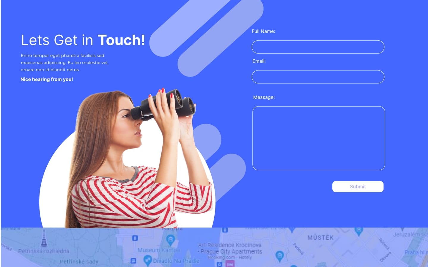 ValueTWise financial website direction B contact band, a blue panel with a get in touch headline, a woman with binoculars and a form.