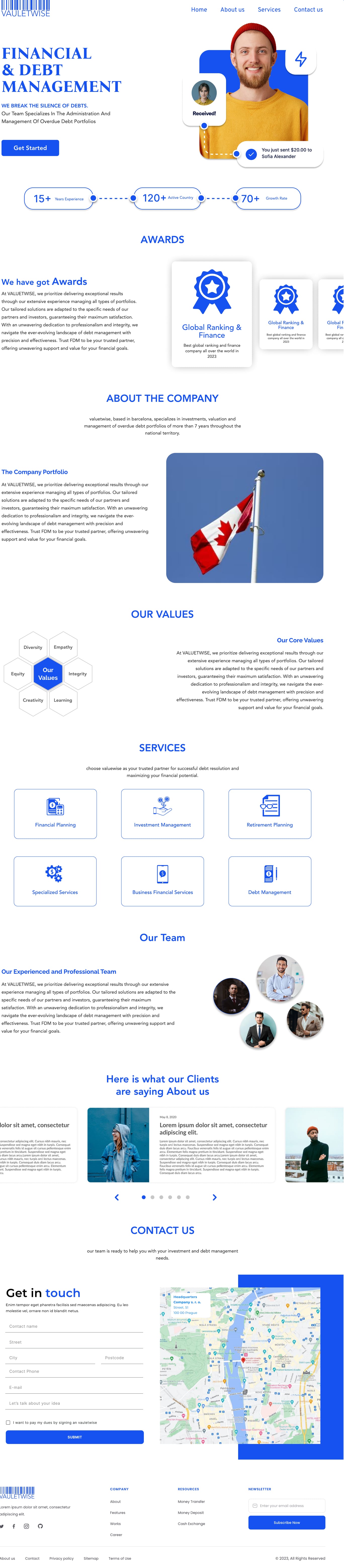 Full-length ValueTWise financial website home page design, direction A, with a serif headline, a portrait with a payment card, linked statistic chips, awards, services tiles, team portraits and a contact form beside a map.
