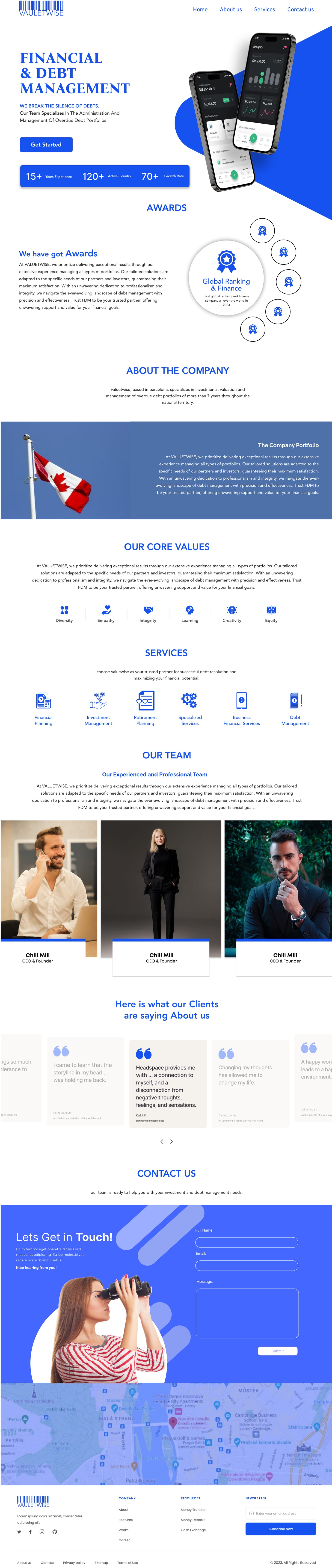 Full-length ValueTWise financial website home page design, direction B, with a phone mock-up on a blue wedge, a statistics bar, awards badges, a team trio, a testimonial slider and a contact band with a map.