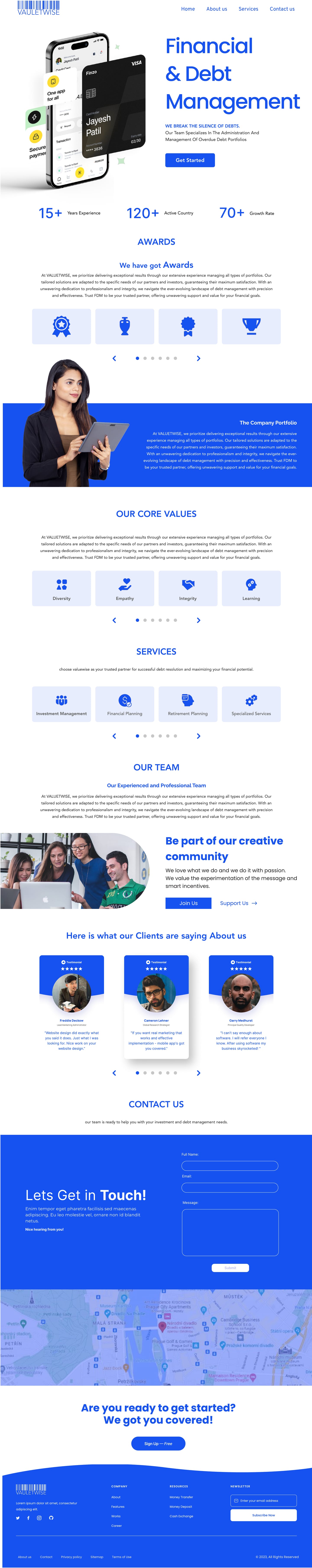 Full-length ValueTWise financial website home page design, direction C, with a phone and card hero, icon tile carousels for awards, values and services, a client testimonial trio and a closing call to action.