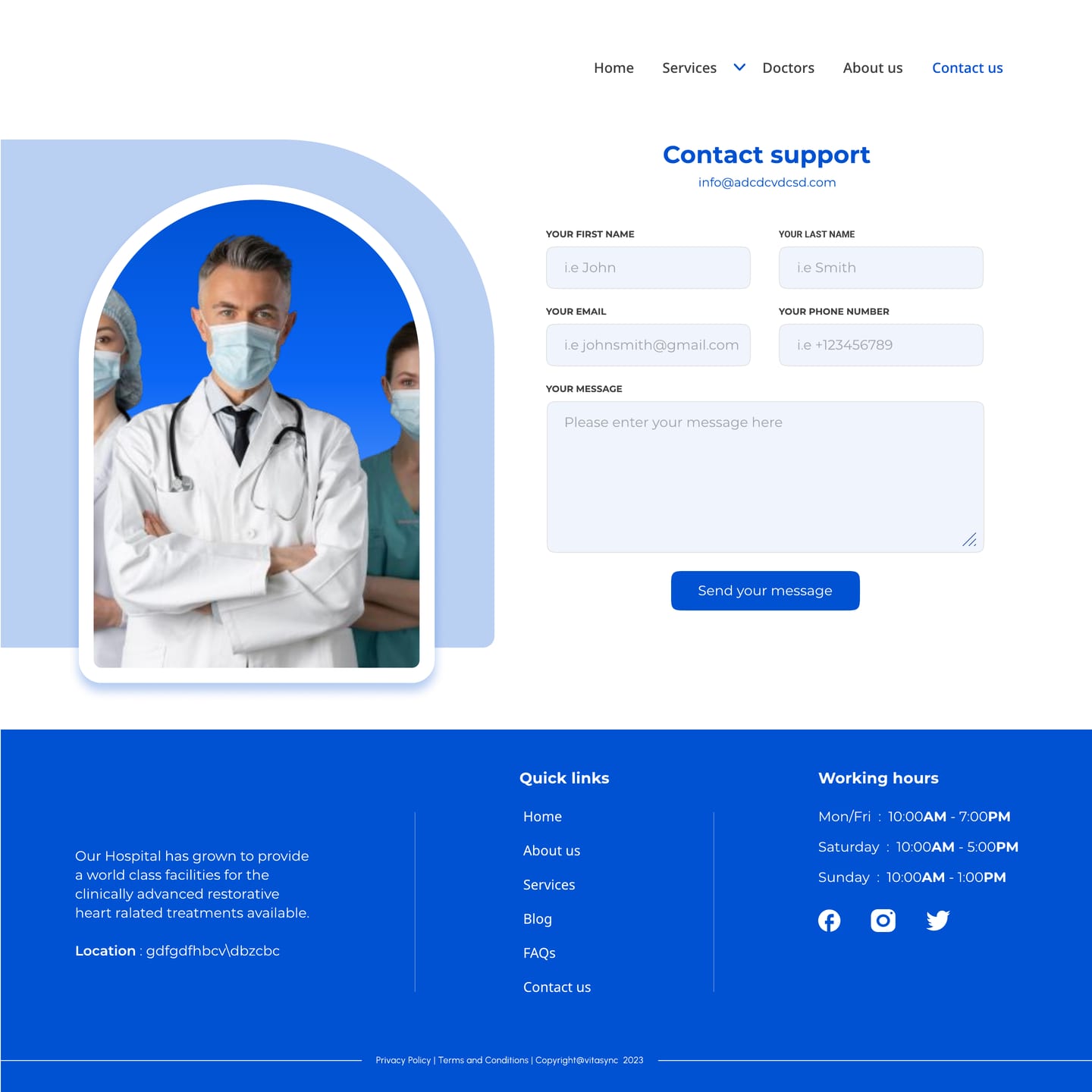 Full-length VitaSync Blue healthcare website contact page design with an arched portrait of a doctor in a mask, a contact support form and a blue footer with opening hours.