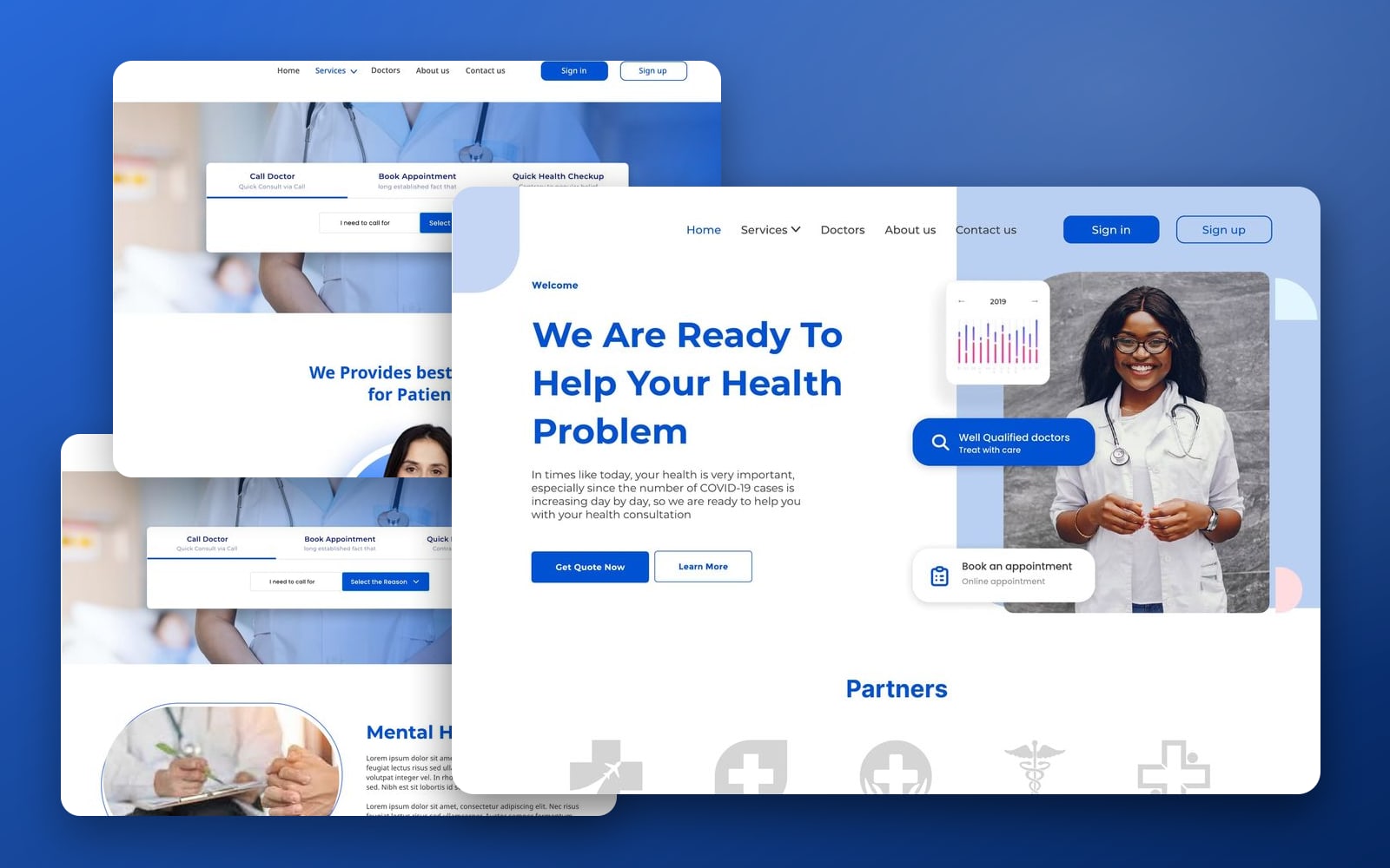VitaSync Blue medical website showcase: the home page with a smiling doctor large in front of two services pages with a booking panel on a blue gradient.