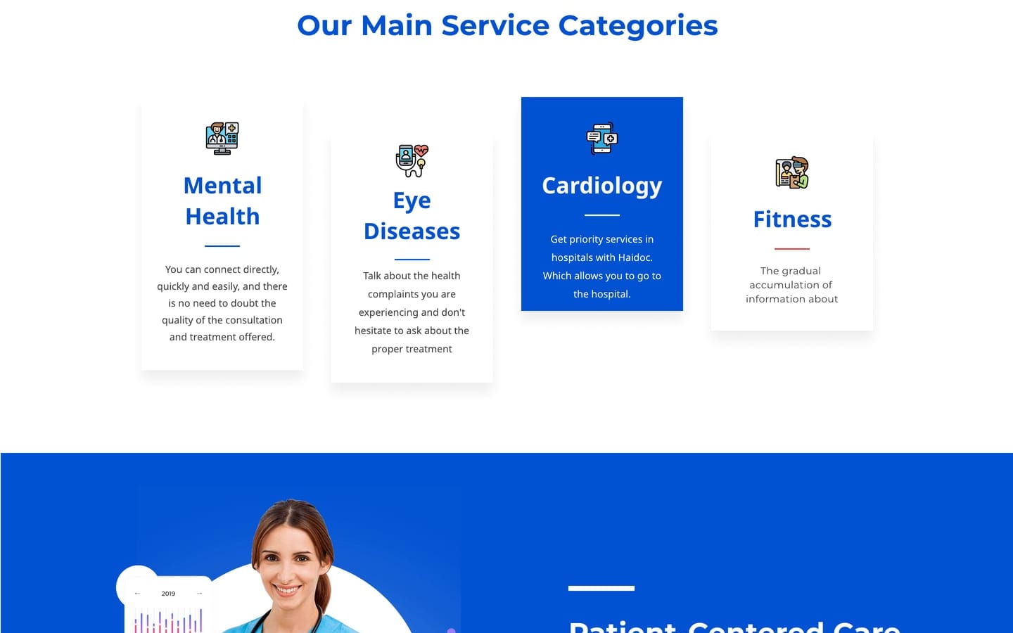 VitaSync Blue medical website home page main service categories, four cards for mental health, eye diseases, cardiology and fitness with cardiology in solid blue.