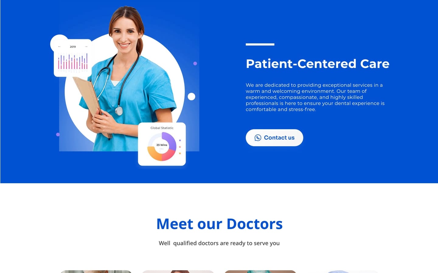 VitaSync Blue medical website home page patient-centered care band, a nurse in front of a white circle with analytics cards on a solid blue background.