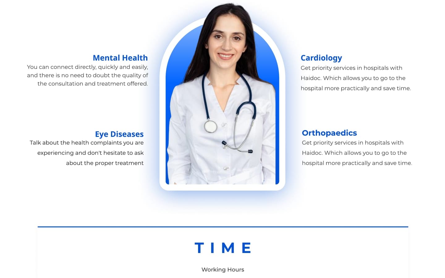 VitaSync Blue medical website services page with an arched doctor portrait between four service descriptions and a working hours card.