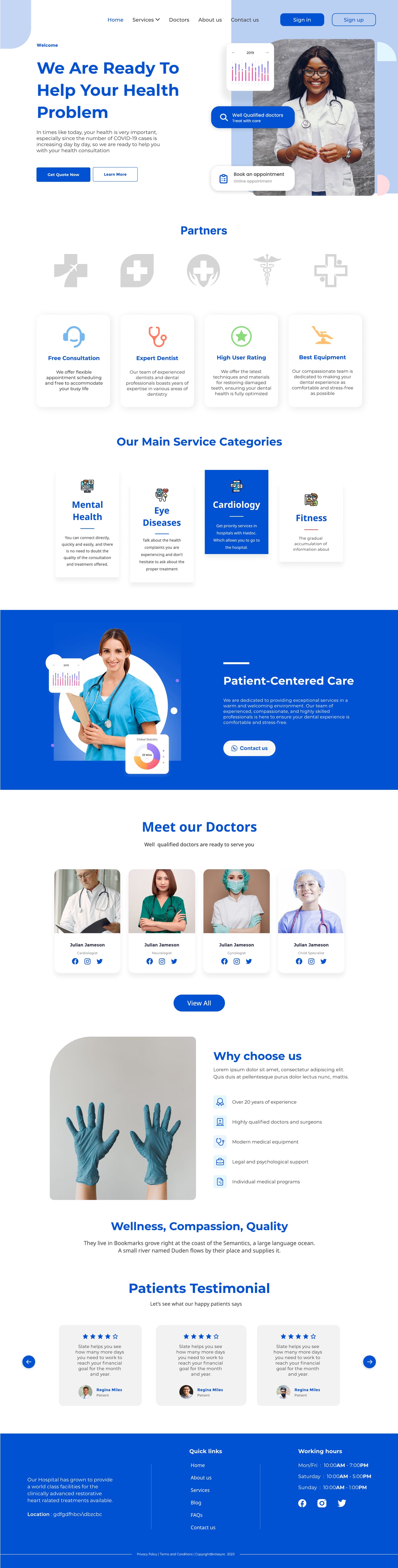 Full-length VitaSync Blue healthcare website home page design with a blue headline, a doctor beside floating booking cards, service category cards, a patient-centered care band and a doctor grid.