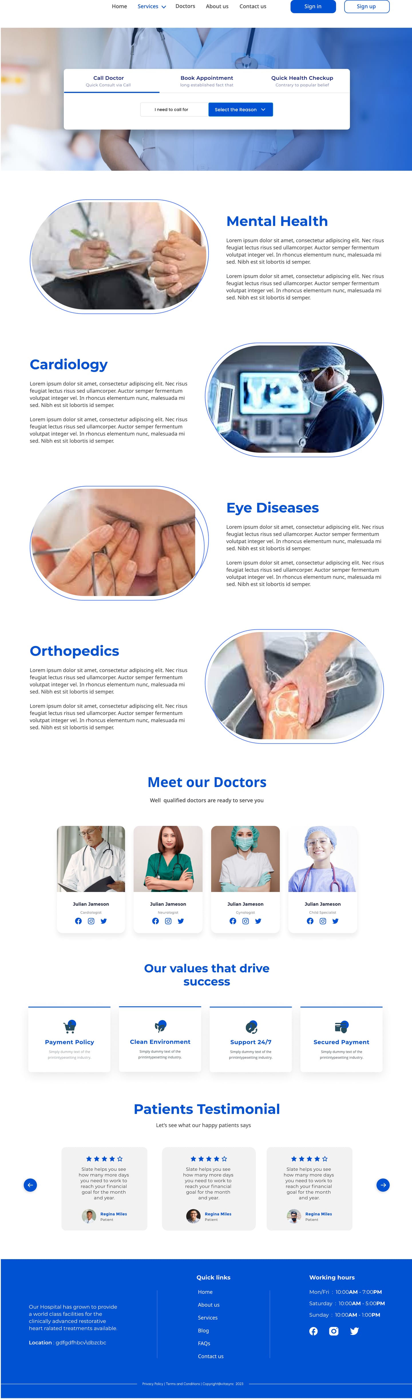 Full-length VitaSync Blue healthcare website service detail page design with a booking panel and four alternating departments, each in an outlined oval photo.