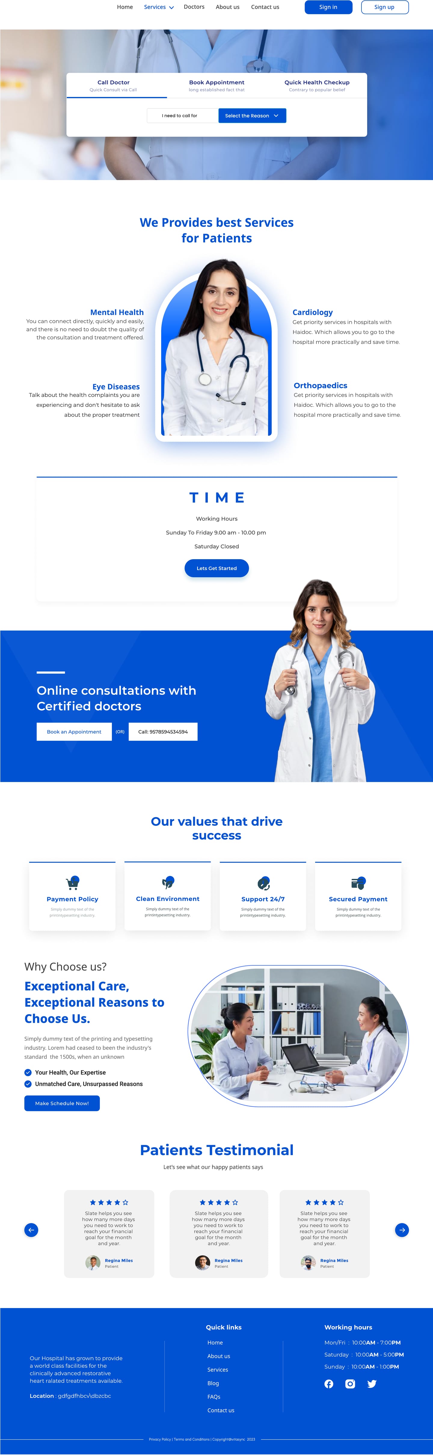 Full-length VitaSync Blue healthcare website services page design with a quick booking panel over a blue photo header, an arched doctor portrait between four services and a working hours card.