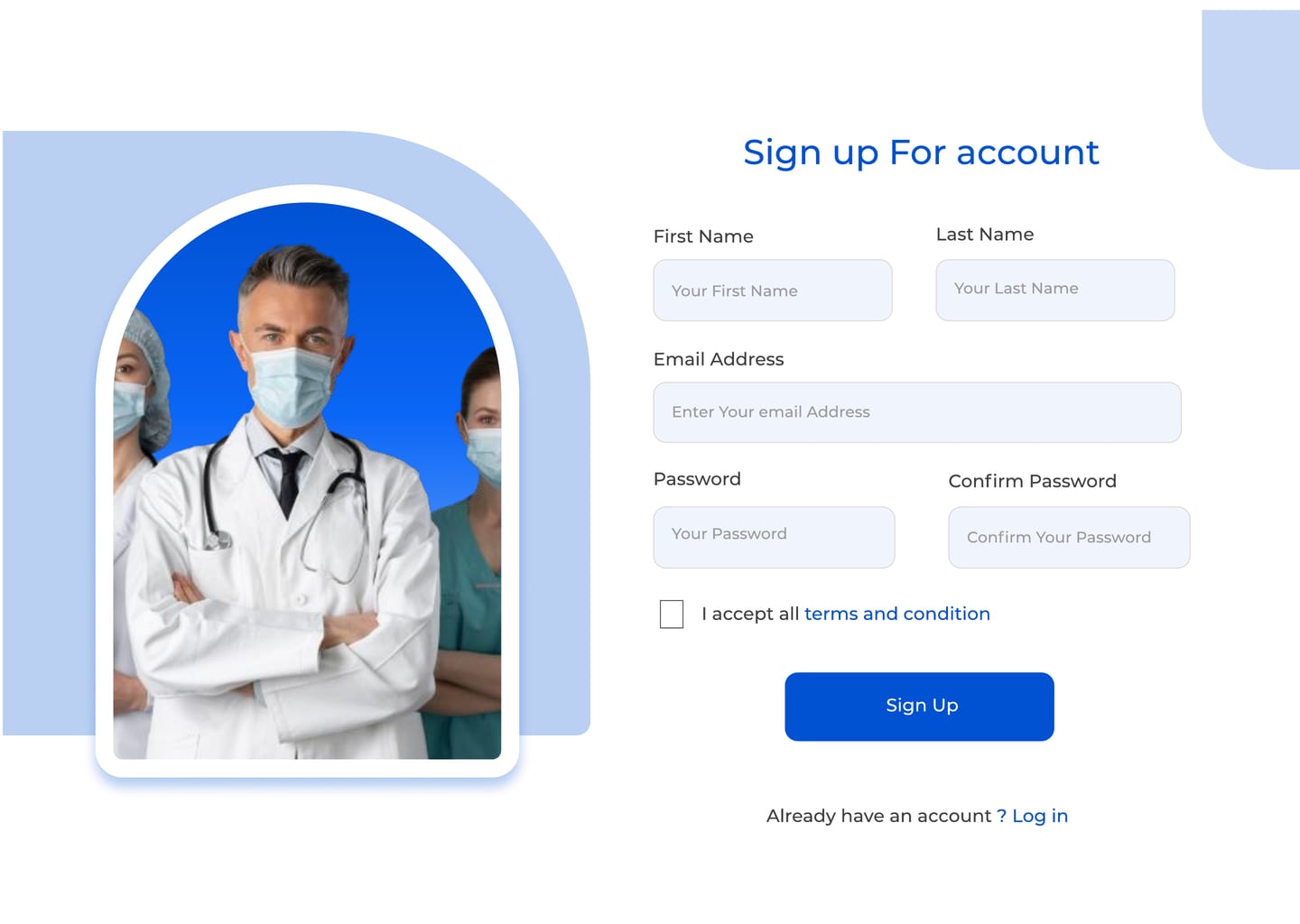 Full-length VitaSync Blue healthcare website sign up page design with an arched doctor portrait beside a patient account form.