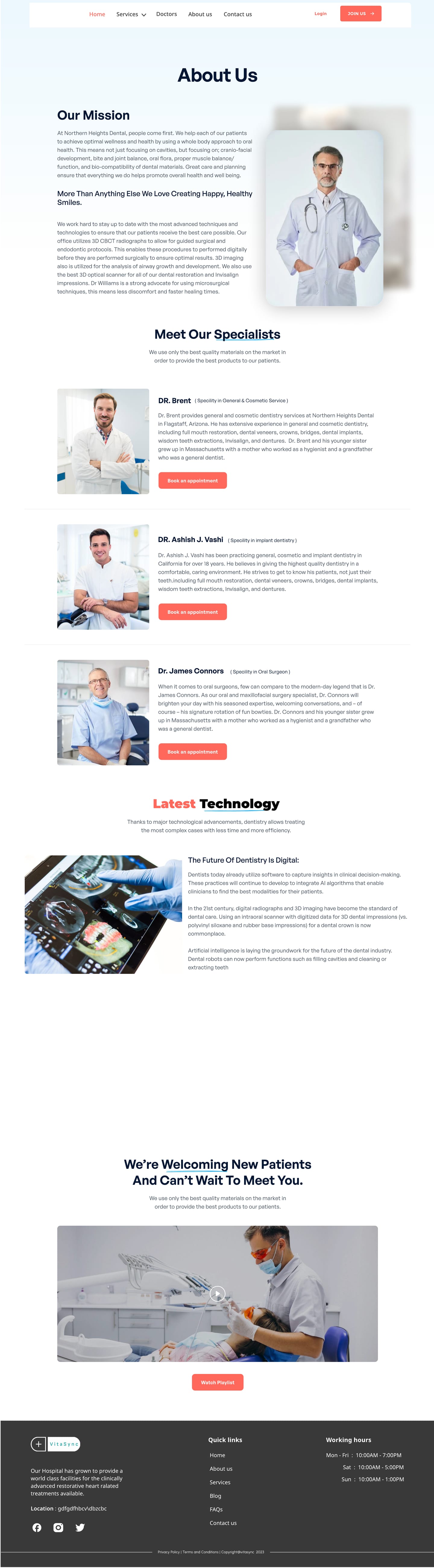 Full-length VitaSync Coral healthcare website about page design with a mission statement beside a doctor portrait, three specialist profiles, a latest technology article and a welcome video.