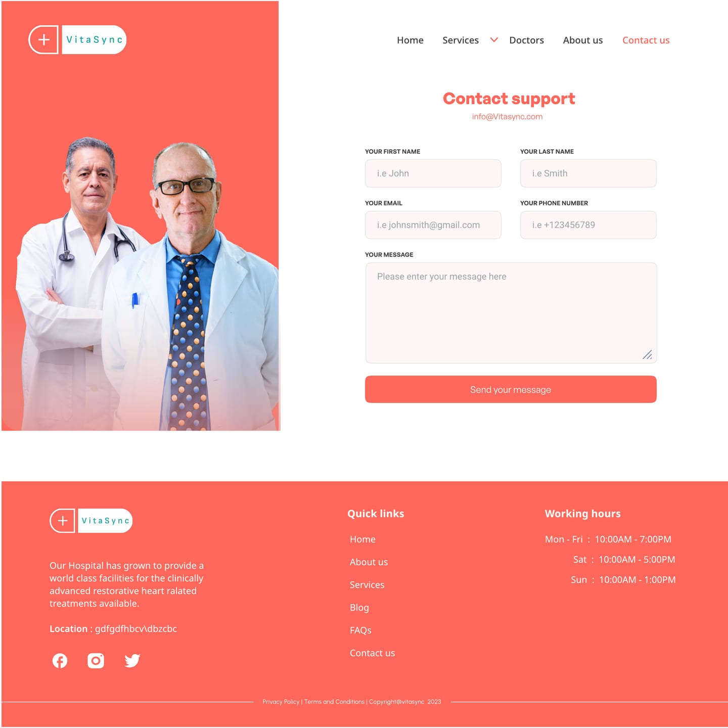 Full-length VitaSync Coral healthcare website contact page design with a coral two-doctor panel, a contact support form and a coral footer with opening hours.