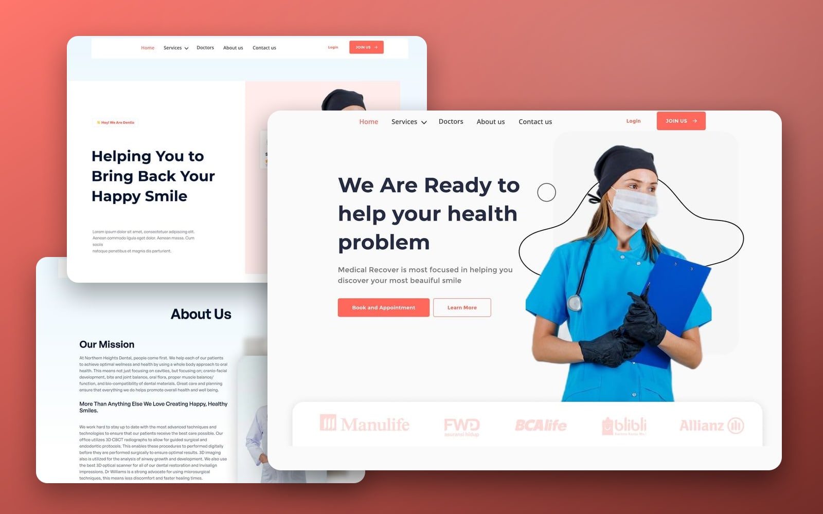 VitaSync Coral dental website showcase: the home page with a clinician in blue scrubs large in front of the landing and about pages on a coral gradient.