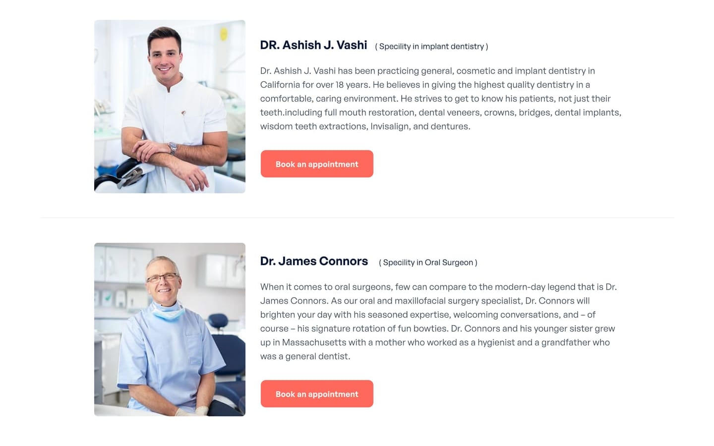 VitaSync Coral dental website about page meet our specialists section, three dentist profiles with photos, specialties and coral book an appointment buttons.