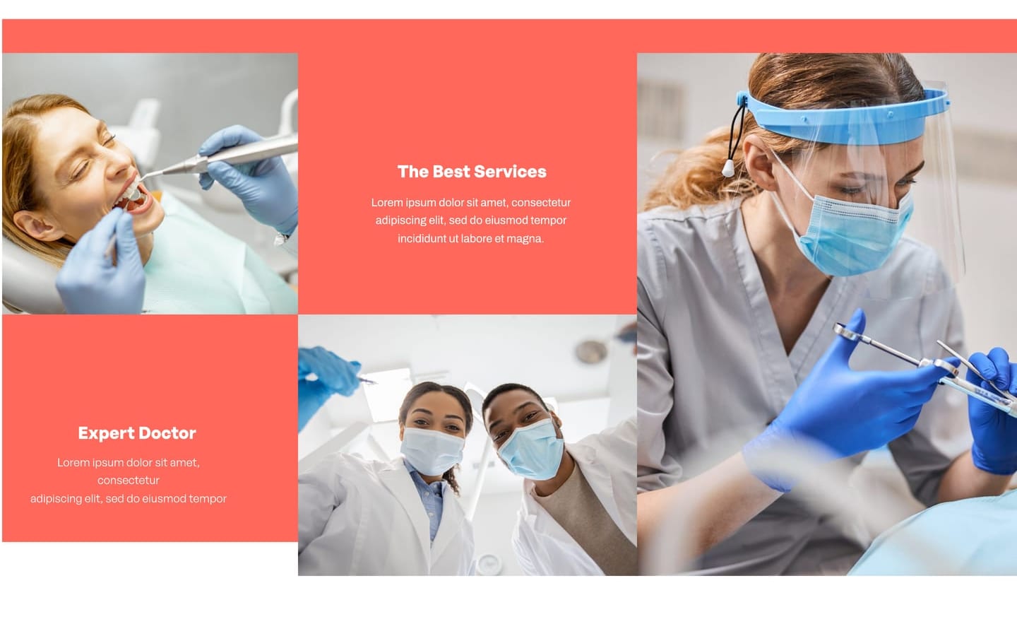 VitaSync Coral dental website landing page coral photo collage of dental treatment and clinicians alternating with coral text tiles.