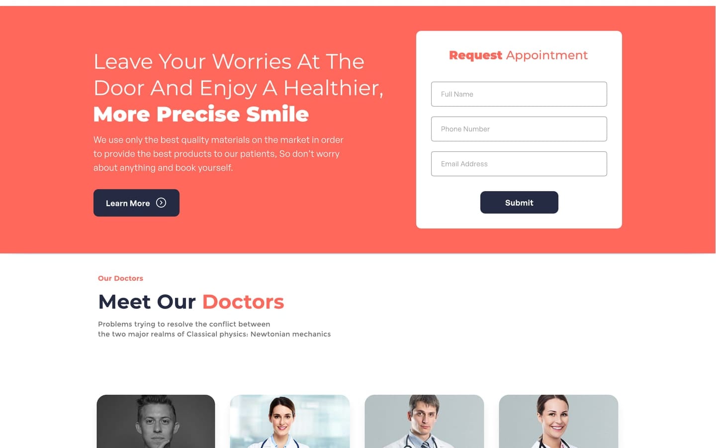 VitaSync Coral dental website services page coral band with a request appointment form beside a headline about a healthier smile.