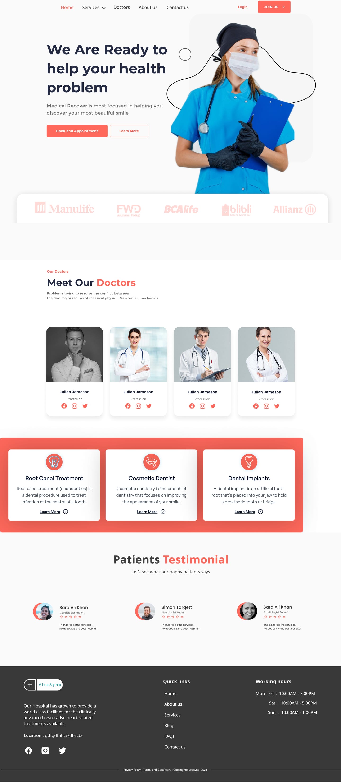 Full-length VitaSync Coral healthcare website home page design with a clinician hero, a partner logo strip, a doctor grid, three coral treatment cards and a testimonial row.