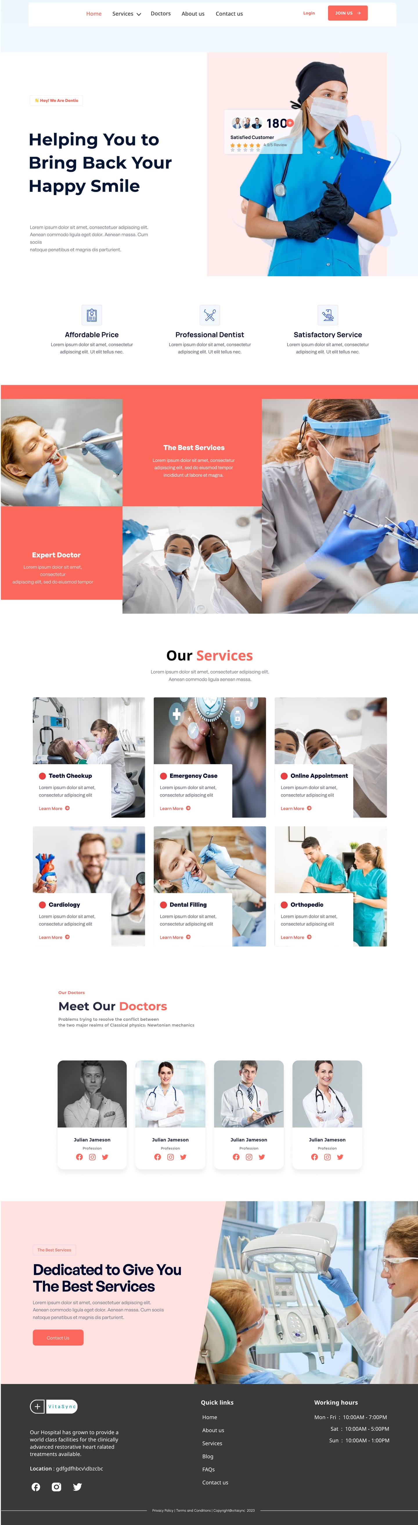 Full-length VitaSync Coral healthcare website landing page design with a happy smile hero on a blush panel, a coral photo collage, a six card services grid and a closing call to action.