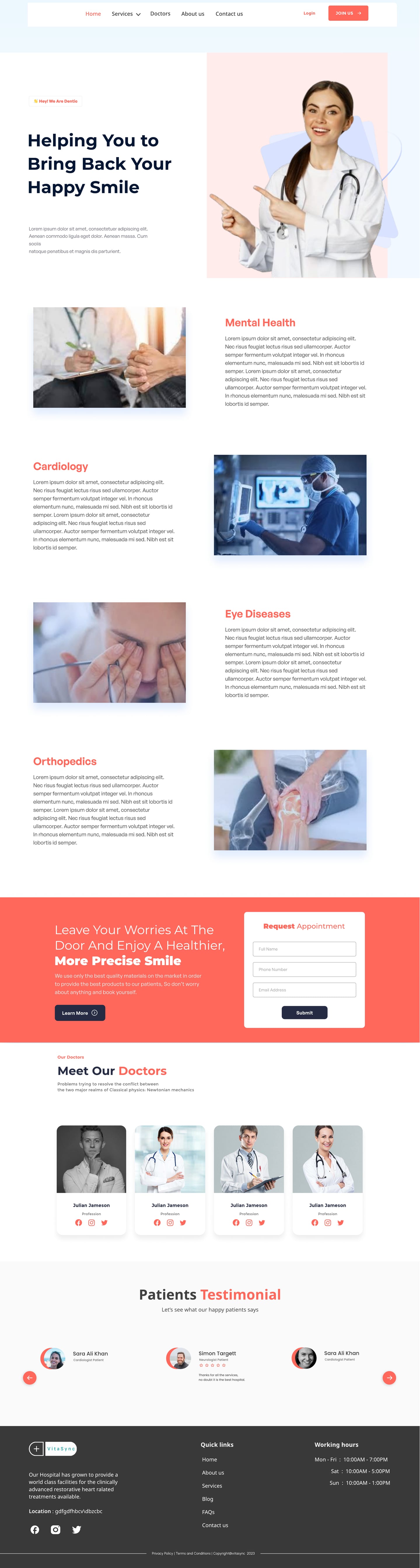 Full-length VitaSync Coral healthcare website services page design with a doctor hero, four alternating treatment sections, a coral appointment request band and a doctor grid.