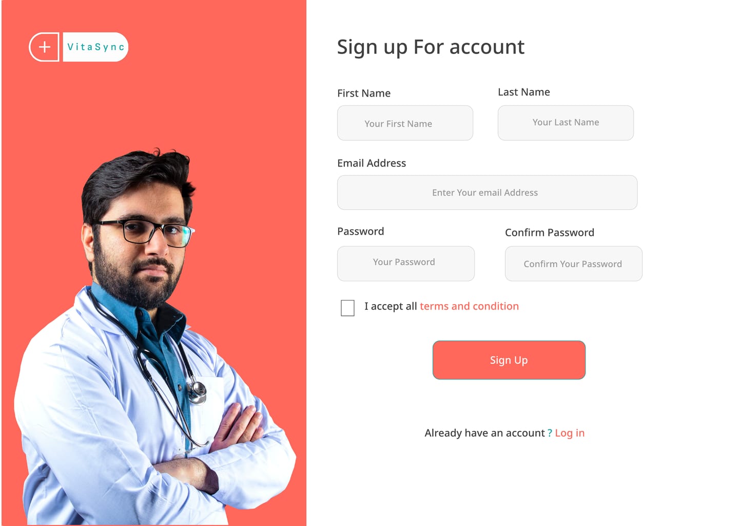 Full-length VitaSync Coral healthcare website sign up page design with a coral portrait panel beside a patient account form.