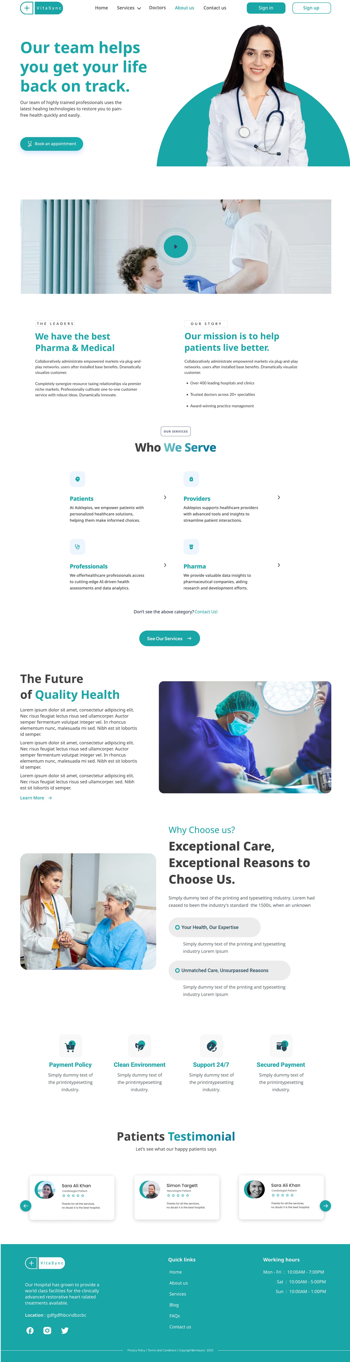 Full-length VitaSync Teal healthcare website about page design with a teal hero and doctor portrait, a care video, who we serve cards and a reasons-to-choose panel.