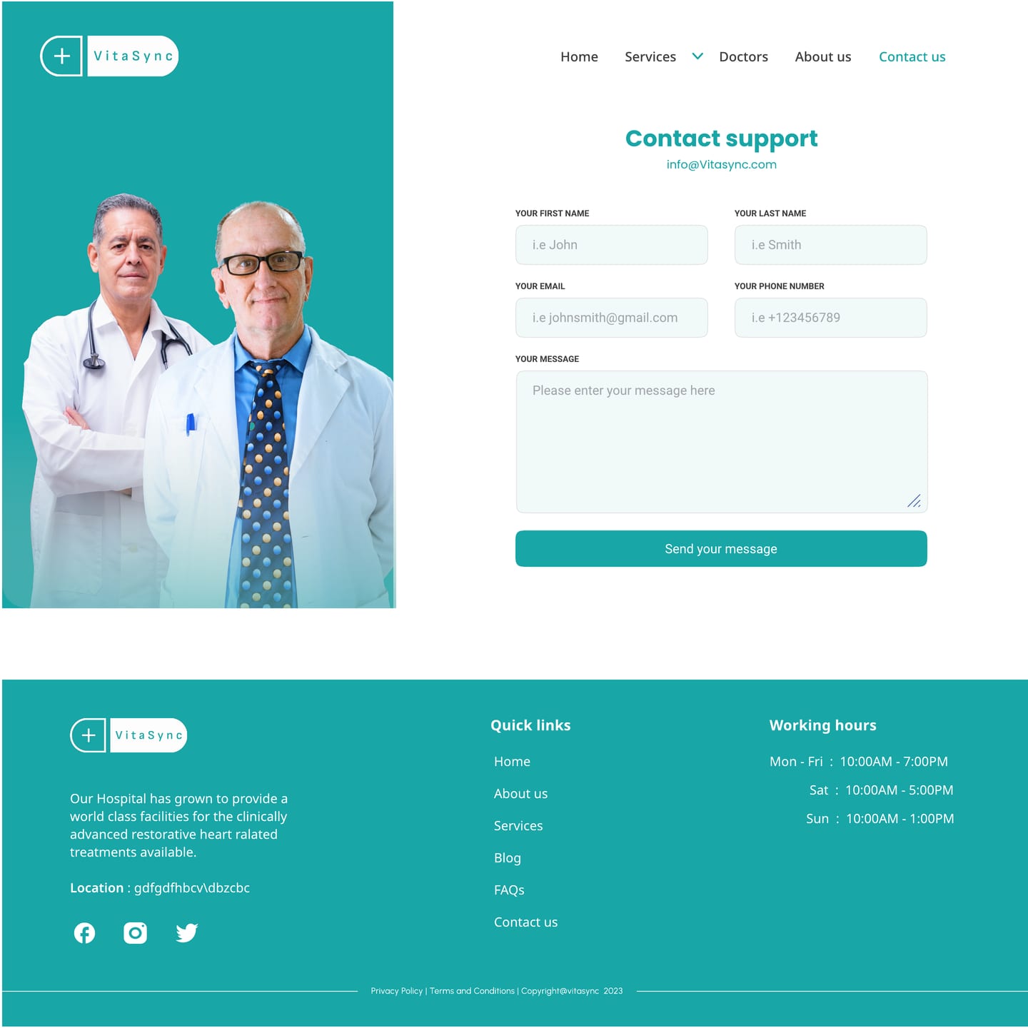 Full-length VitaSync Teal healthcare website contact page design with a two-doctor teal panel, a contact support form and a footer with opening hours.