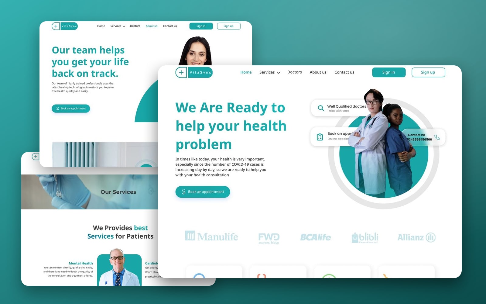VitaSync Teal healthcare website showcase: the home page with two doctors in a teal circle large in front of the about and services pages on a teal gradient.