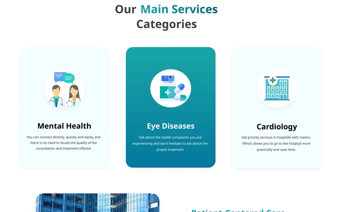 VitaSync Teal healthcare website home page main service categories, three cards for mental health, eye diseases and cardiology with the middle card in solid teal.