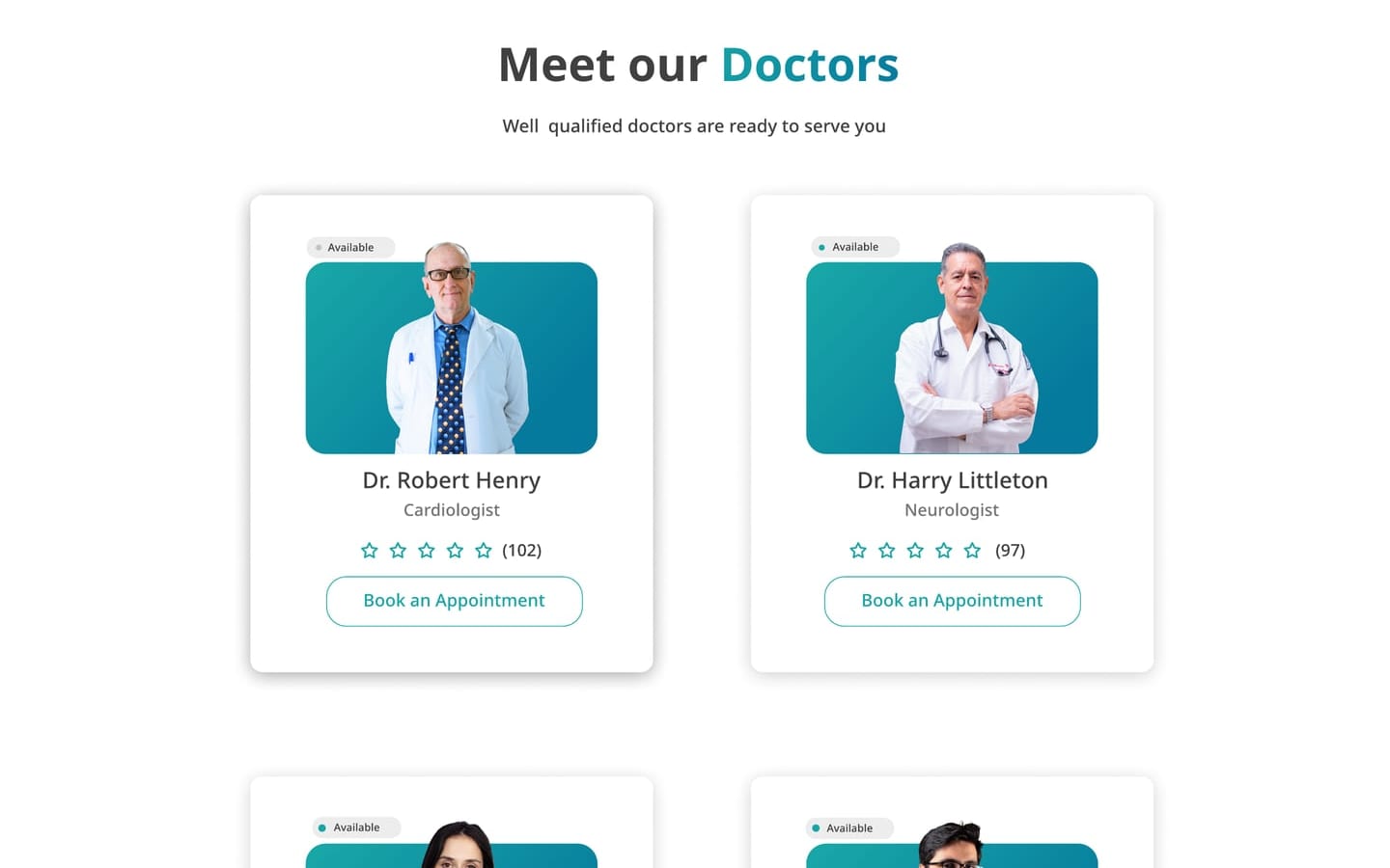VitaSync Teal healthcare website home page meet our doctors section, four doctor cards with ratings and book an appointment buttons.