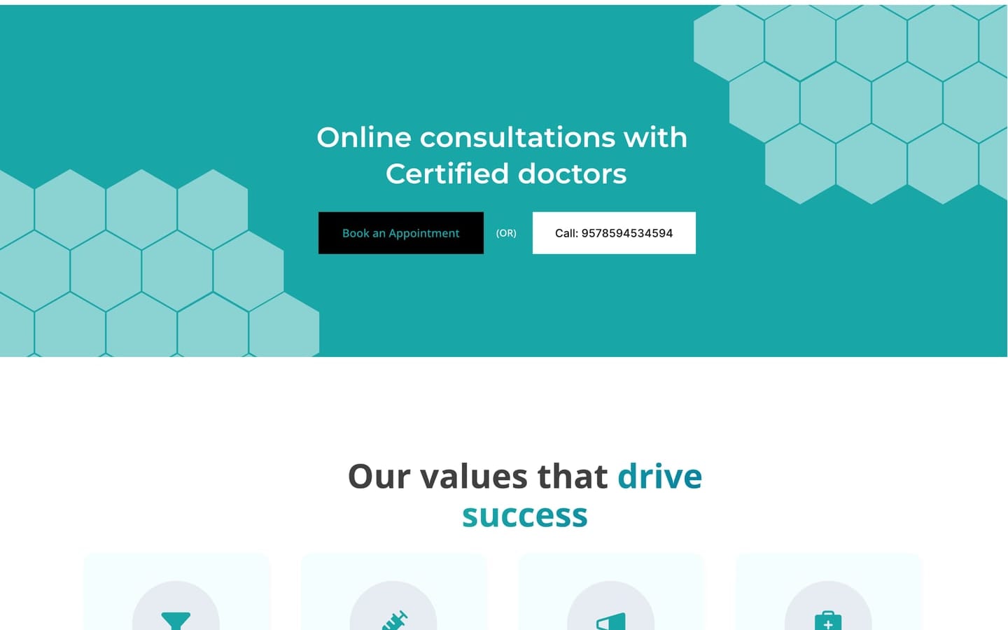 VitaSync Teal healthcare website services page online consultation banner with teal hexagon shapes above four rounded value cards.