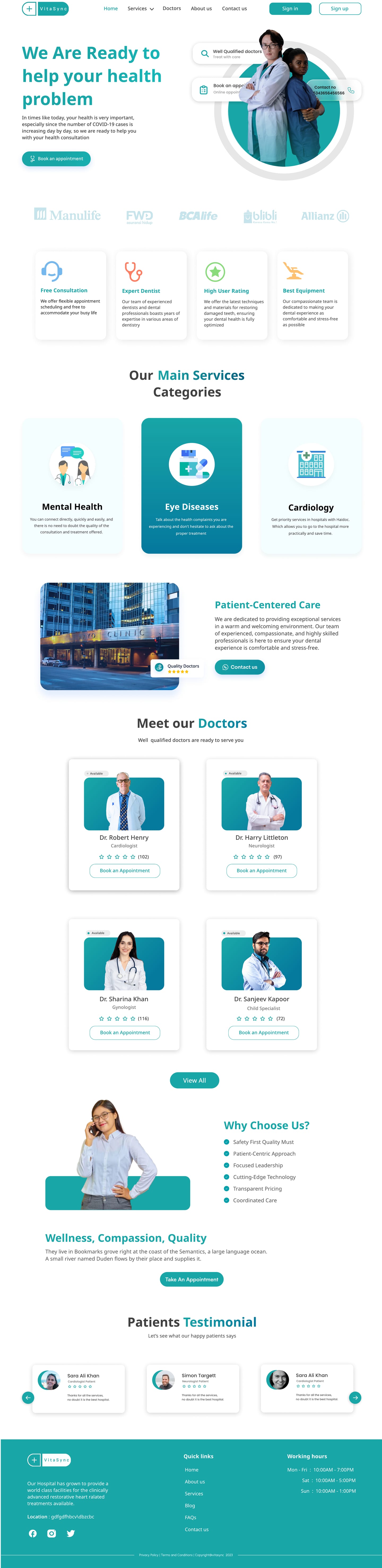 Full-length VitaSync Teal healthcare website home page design with a teal headline, two doctors in a circular frame, service category cards, a doctor grid and a testimonial row.