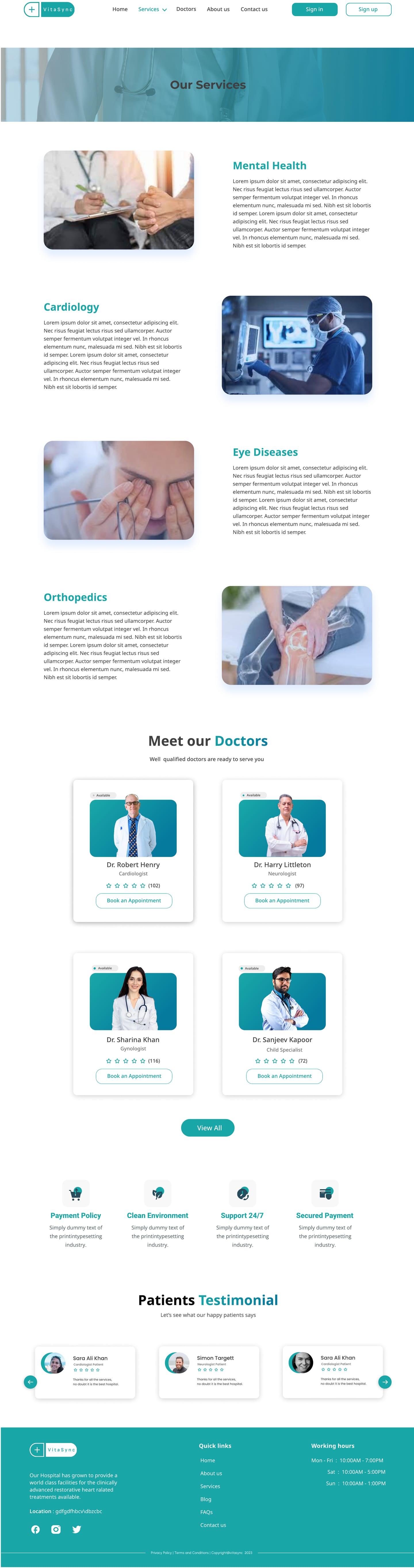 Full-length VitaSync Teal healthcare website service detail page design with four alternating departments, each beside a rounded photo, then a doctor grid.