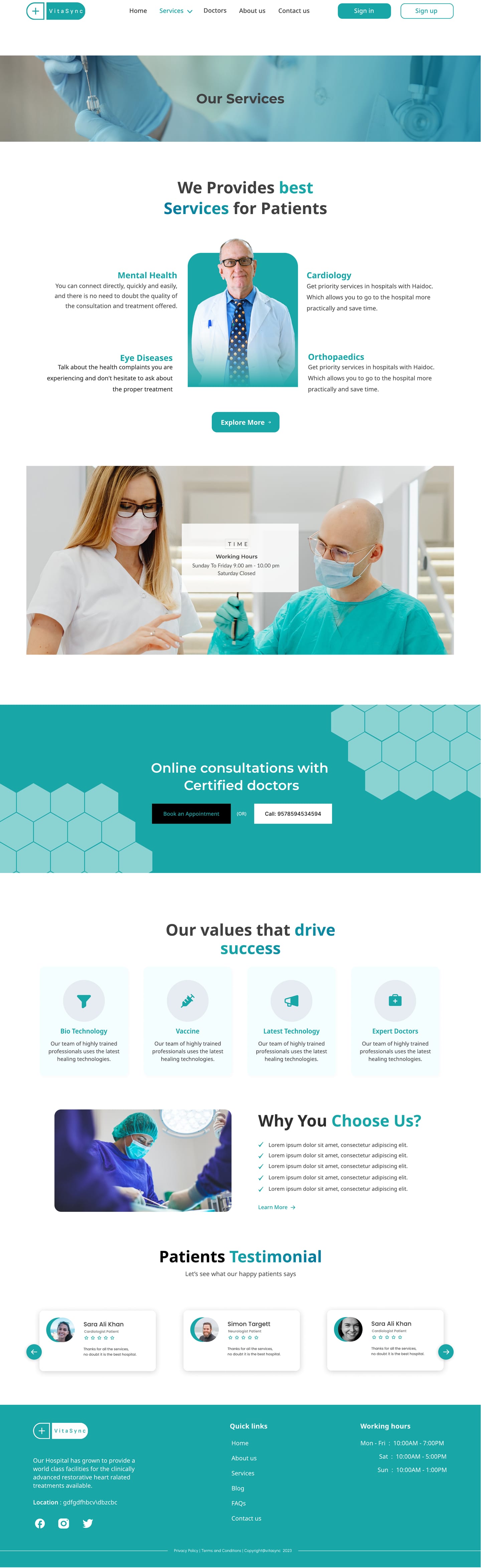 Full-length VitaSync Teal healthcare website services page design with a banner header, a doctor beside four service blurbs, a hexagon call to action and value cards.