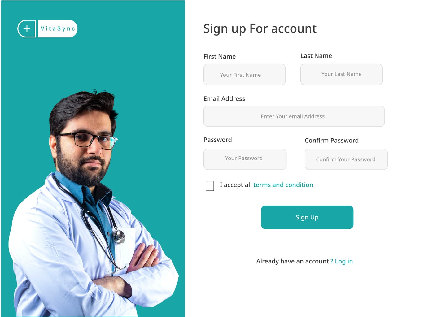 Full-length VitaSync Teal healthcare website sign up page design with a teal doctor portrait panel beside a patient account form.